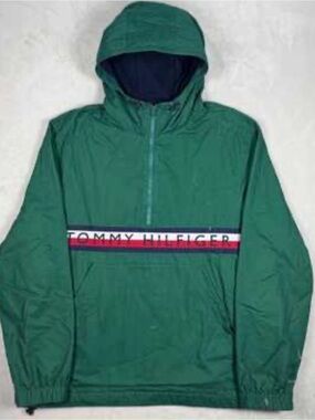 Unisex,Tommy Hilfiger Green utility pullover  with Red, White,Black Chest Stripe